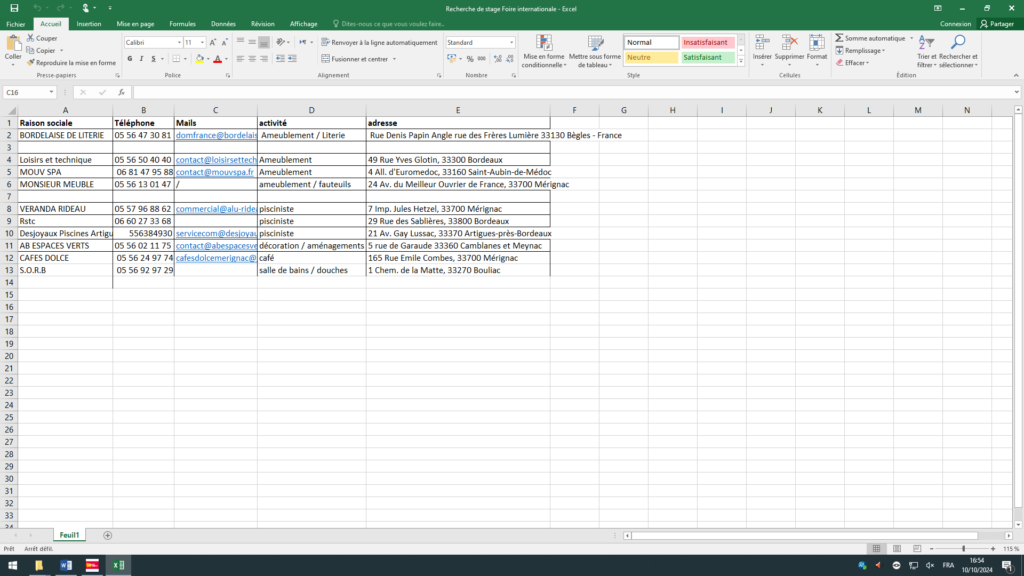 Tableau excel regroupant les entreprises pour la prospection
